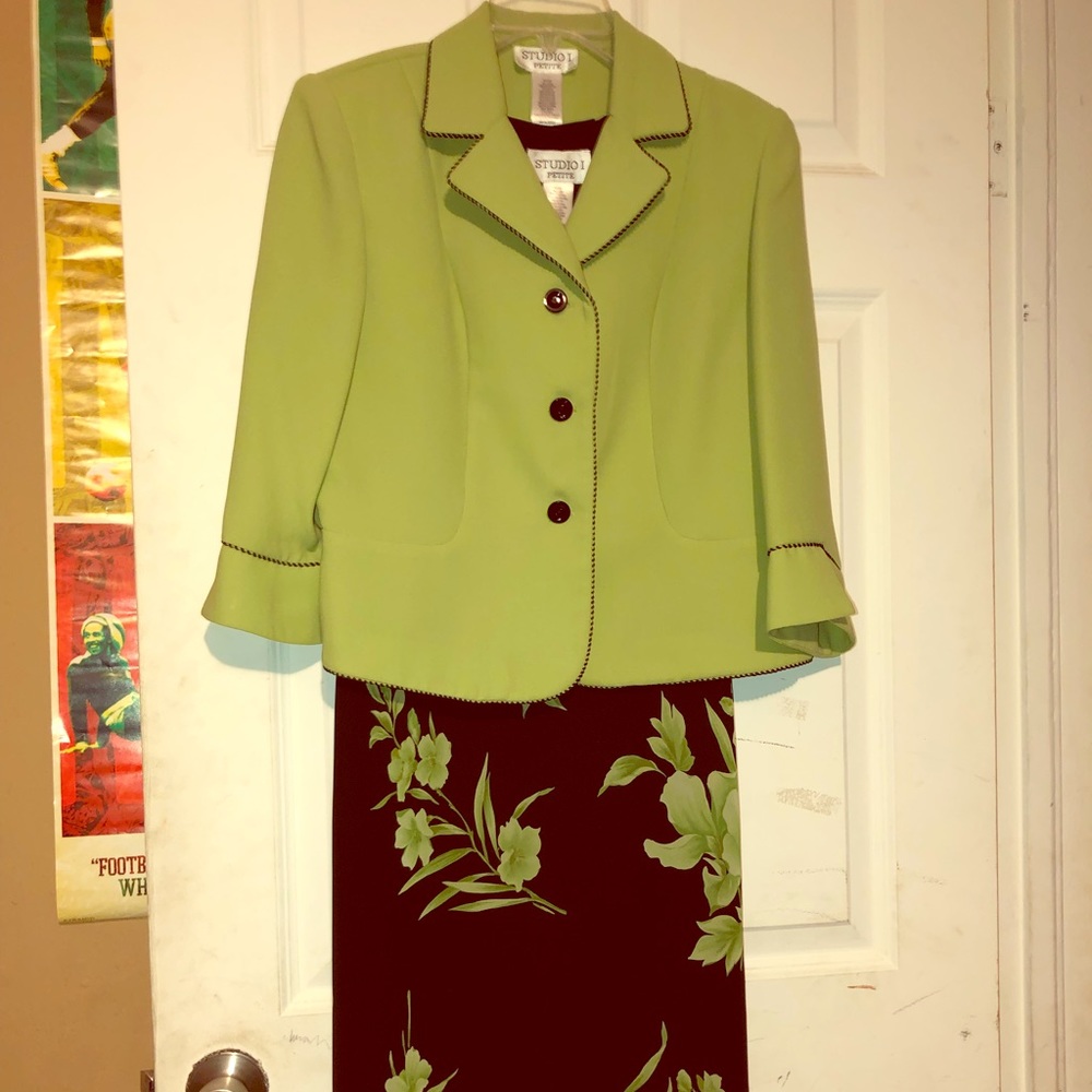 Long black floral dress with light green jacket